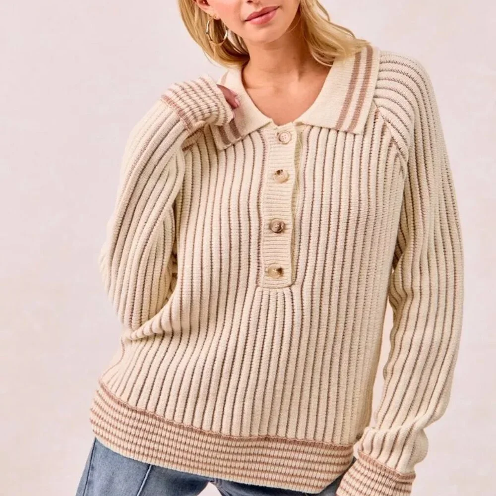 BiBi Half Button Ribbed Two Tone Sweater - Picture 2 of 16